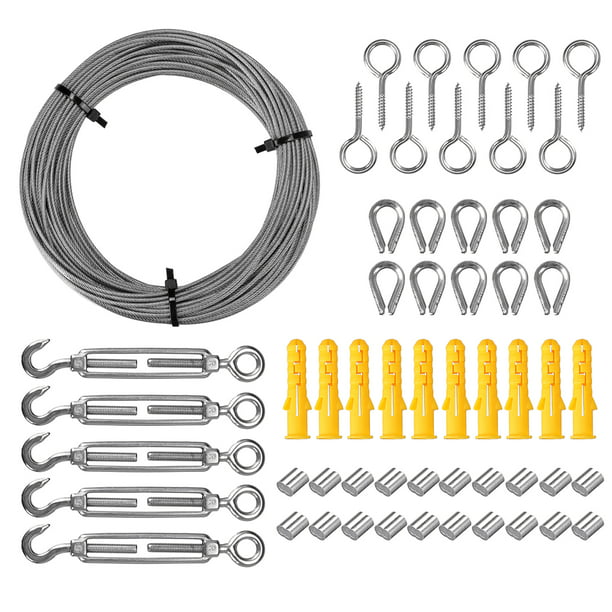 56PCS 30M 2mm Stainless Steel Wire Rope Cable Hooks Hanging Kit Tent Rope PVC